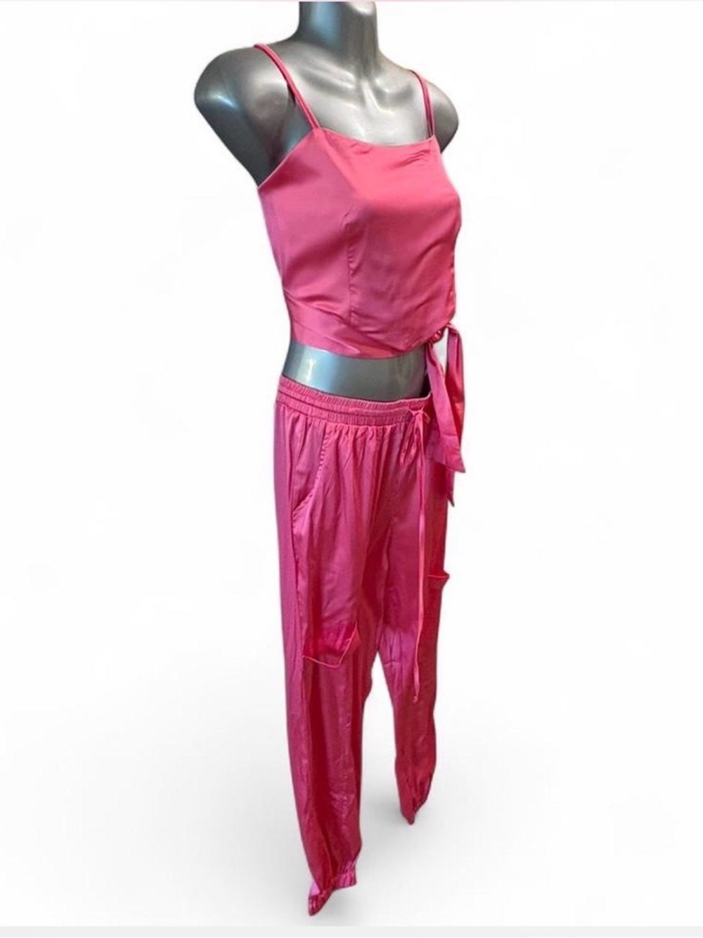 NWT Women's Pink Satin Two-Piece Jumpsuit Set Sz L